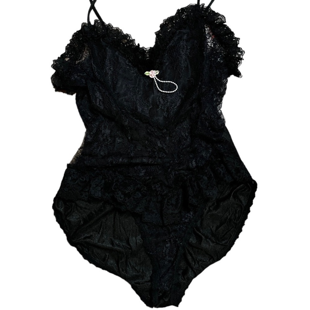 Vintage Nan Flower Sheer Black Lace Teddy Full Back Bodysuit Lingerie Size Large